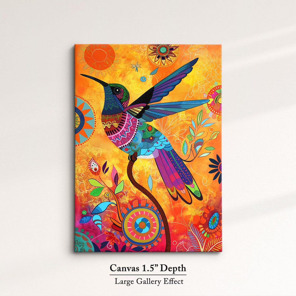 Colorful Hummingbird Folk Art Orange Mandala Background Wall Poster - Image 3