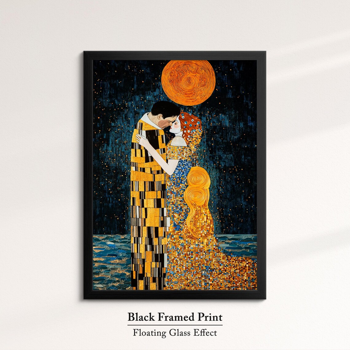 Golden Couple Embrace Klimt Inspired Mosaic Kiss Moonlight Art Poster - Image 8
