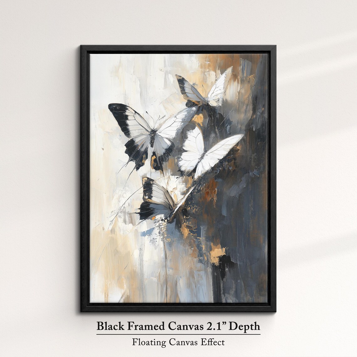Black White Butterflies Abstract Gold Gray Modern Oil Painting Poster - Image 2