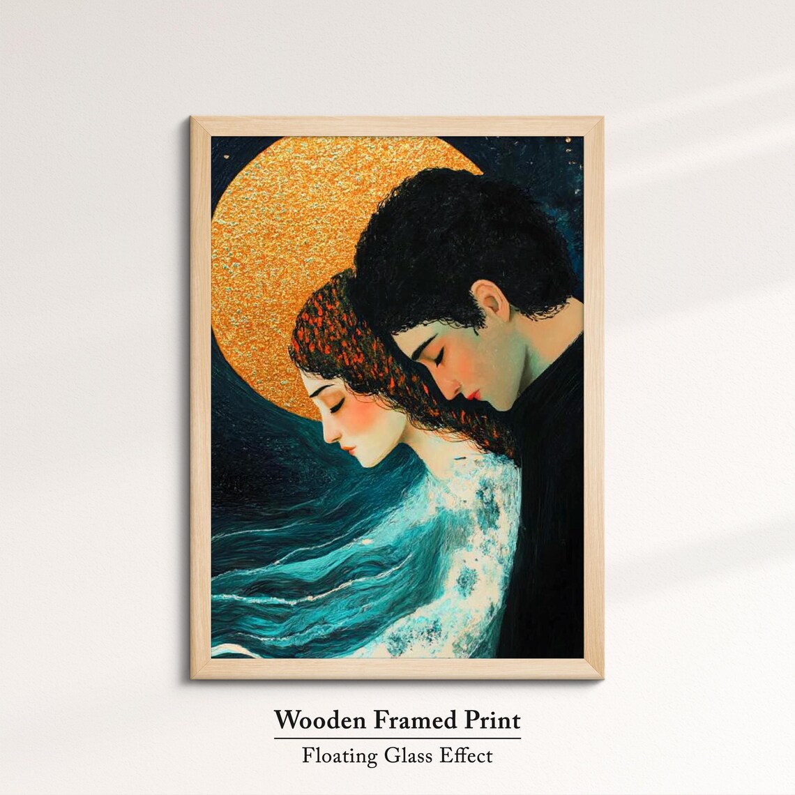 Couple Under Golden Full Moon Romantic Night Embrace Wall Art Print - Image 6