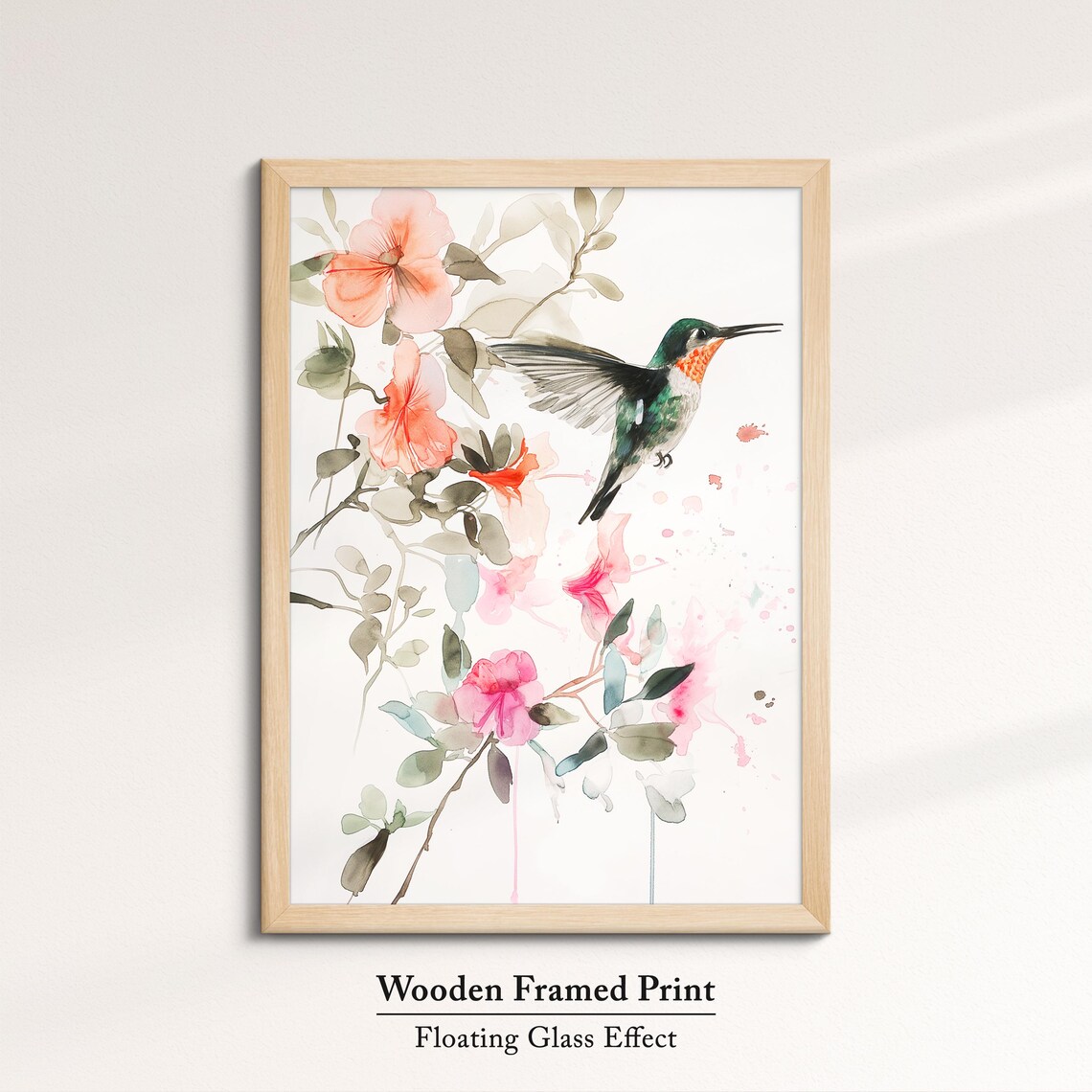 Hummingbird Pink Blossoms Soft Watercolor Floral Bird Wall Art Poster - Image 6