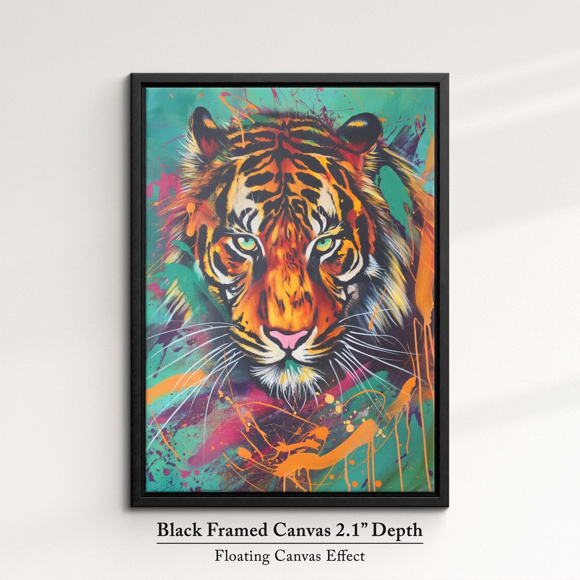 Colorful Tiger Face Portrait Pop Art Painting Neon Splatter Wall Decor Poster - Image 2