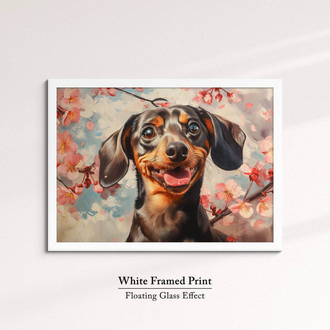 Cheerful Dachshund Face Close Up In Spring Cherry Blossoms Art Poster - Image 7