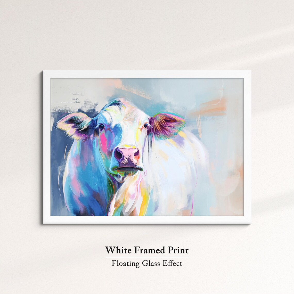White Cow Portrait Colorful Pastel Abstract Farm Animal Wall Poster - Image 7