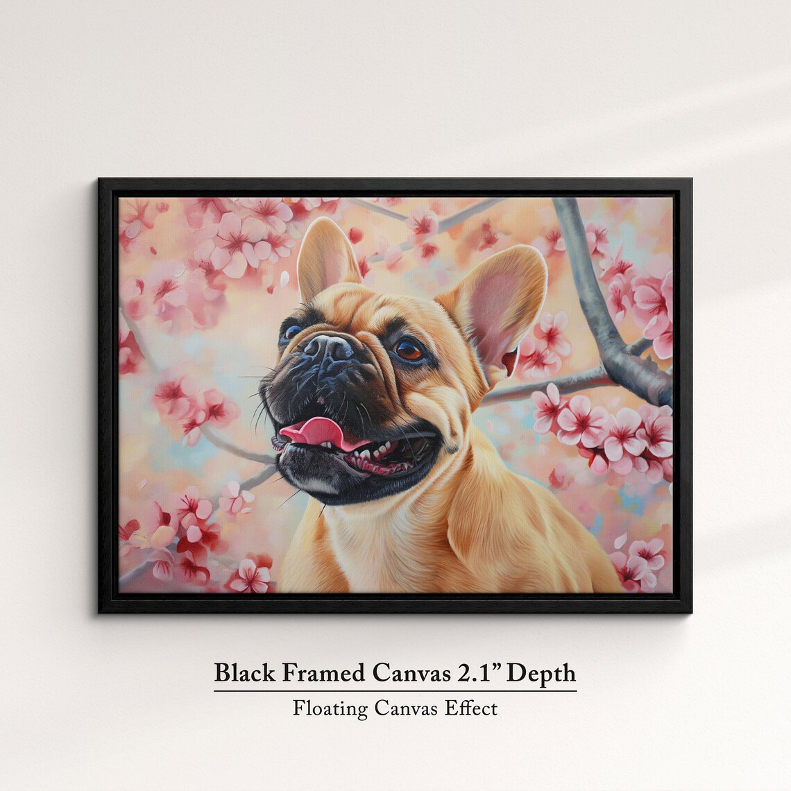Playful Fawn French Bulldog Looking Up In Cherry Blossom Wall Poster - Image 2