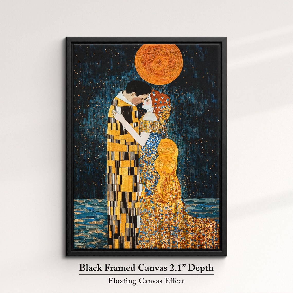 Golden Couple Embrace Klimt Inspired Mosaic Kiss Moonlight Art Poster - Image 2