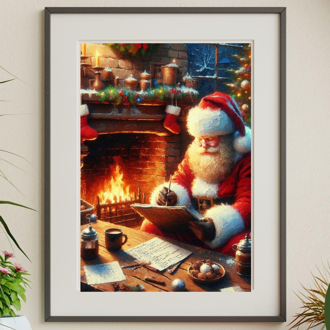 Santa Claus Checking His List By The Fireplace Holiday Poster