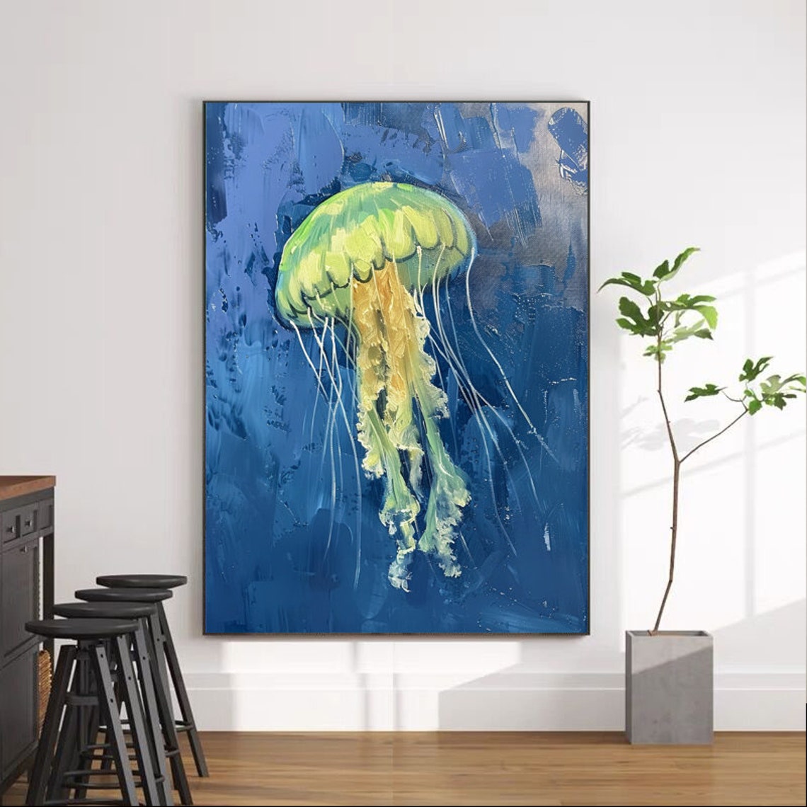 Glowing Green Jellyfish Drifting In Deep Blue Sea Vertical Art Poster - Image 6