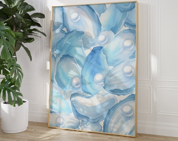 Watercolor Oyster Shell With Pearls Print Coastal Granddaughter Room Decor Sea Shells Poster Beach Dorm Trendy Blue Summer