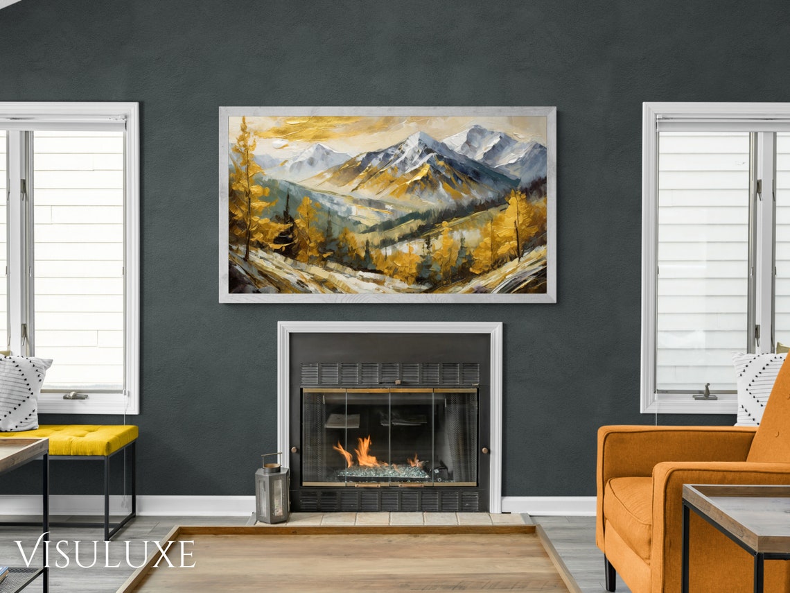 Golden Autumn Mountain Valley Pines Snow Peaks Impasto Painting Poster - Image 2
