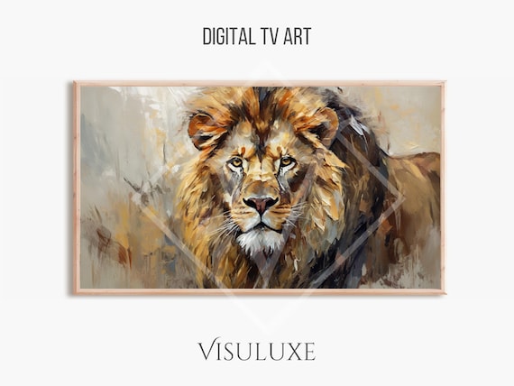 Majestic Lion Portrait Regal Mane Neutral Tones Oil Painting Wall Art