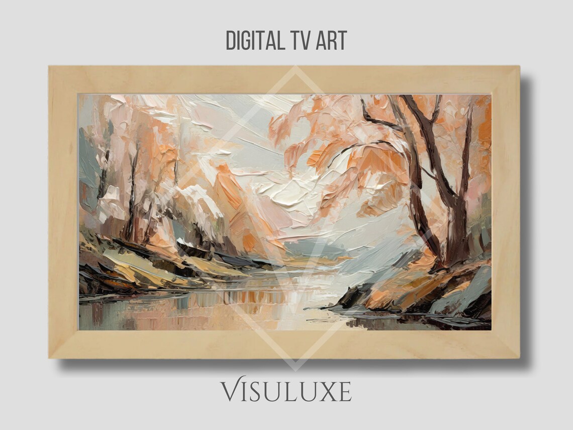 Dreamy Peach Abstract Trees Riverside Soft Nature Impasto Art Poster - Image 3