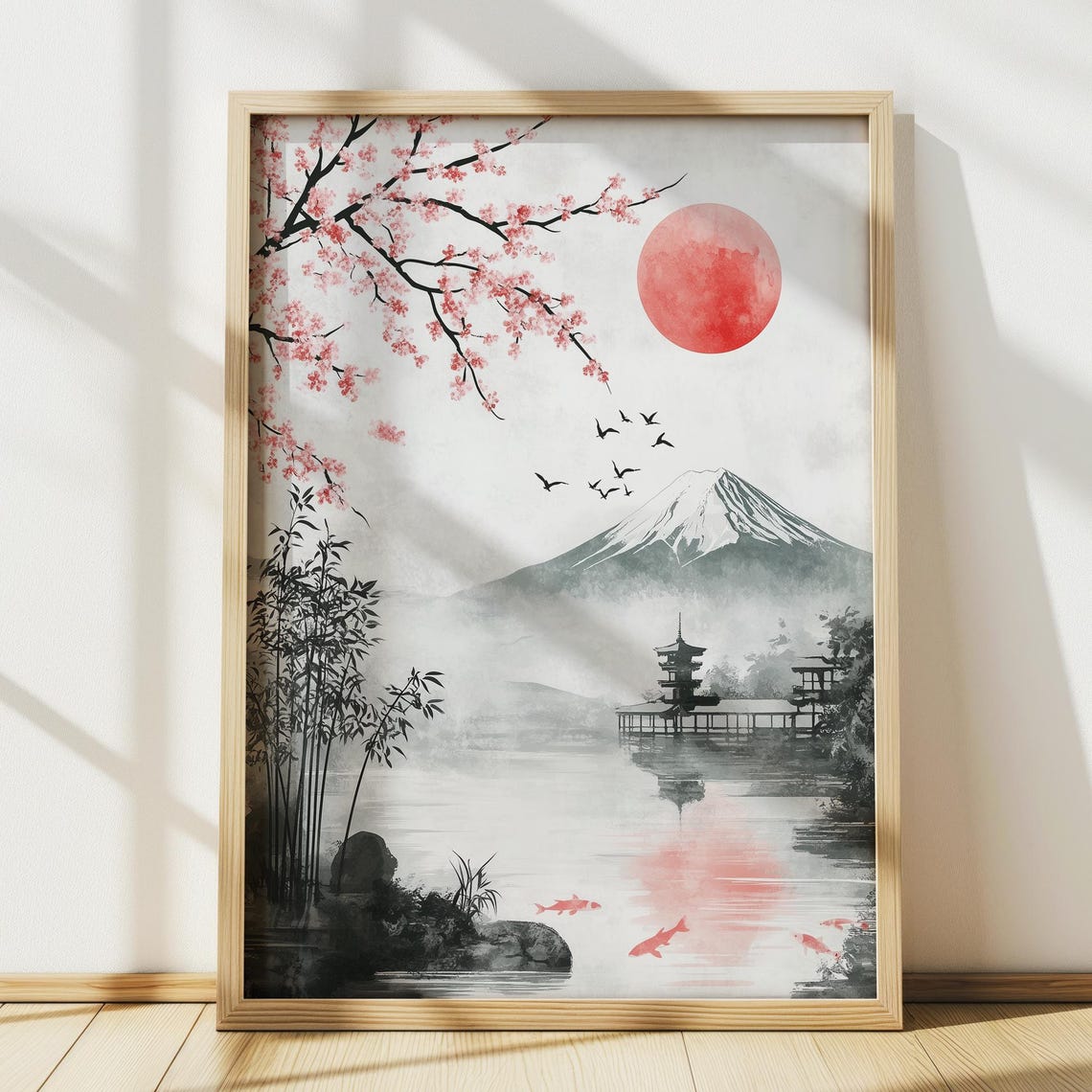 Mount Fuji Sumie Ink Painting Red Sun Koi Cherry Blossom Poster