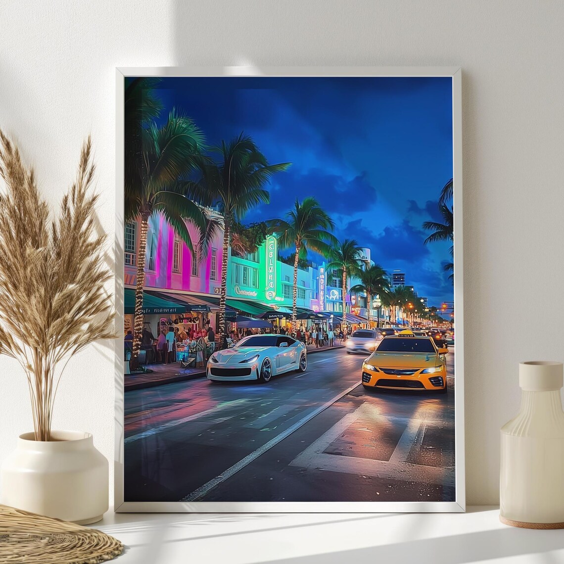 Miami Ocean Drive Night Neon Art Deco Street Cars Florida Poster - Image 3