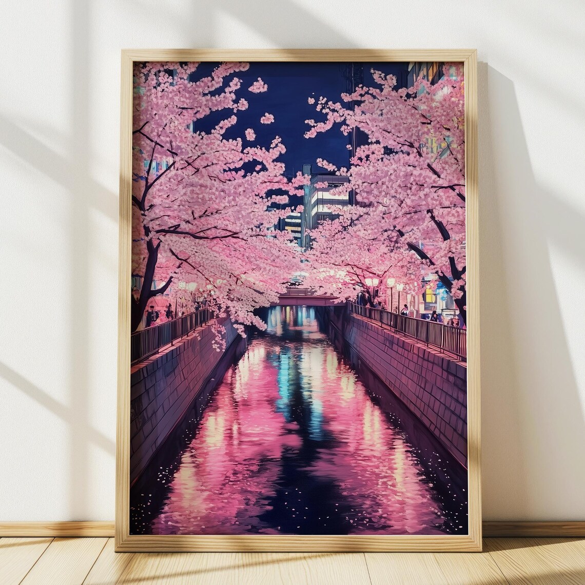 Cherry Blossom Canal Night Pink Reflections Japan City Poster