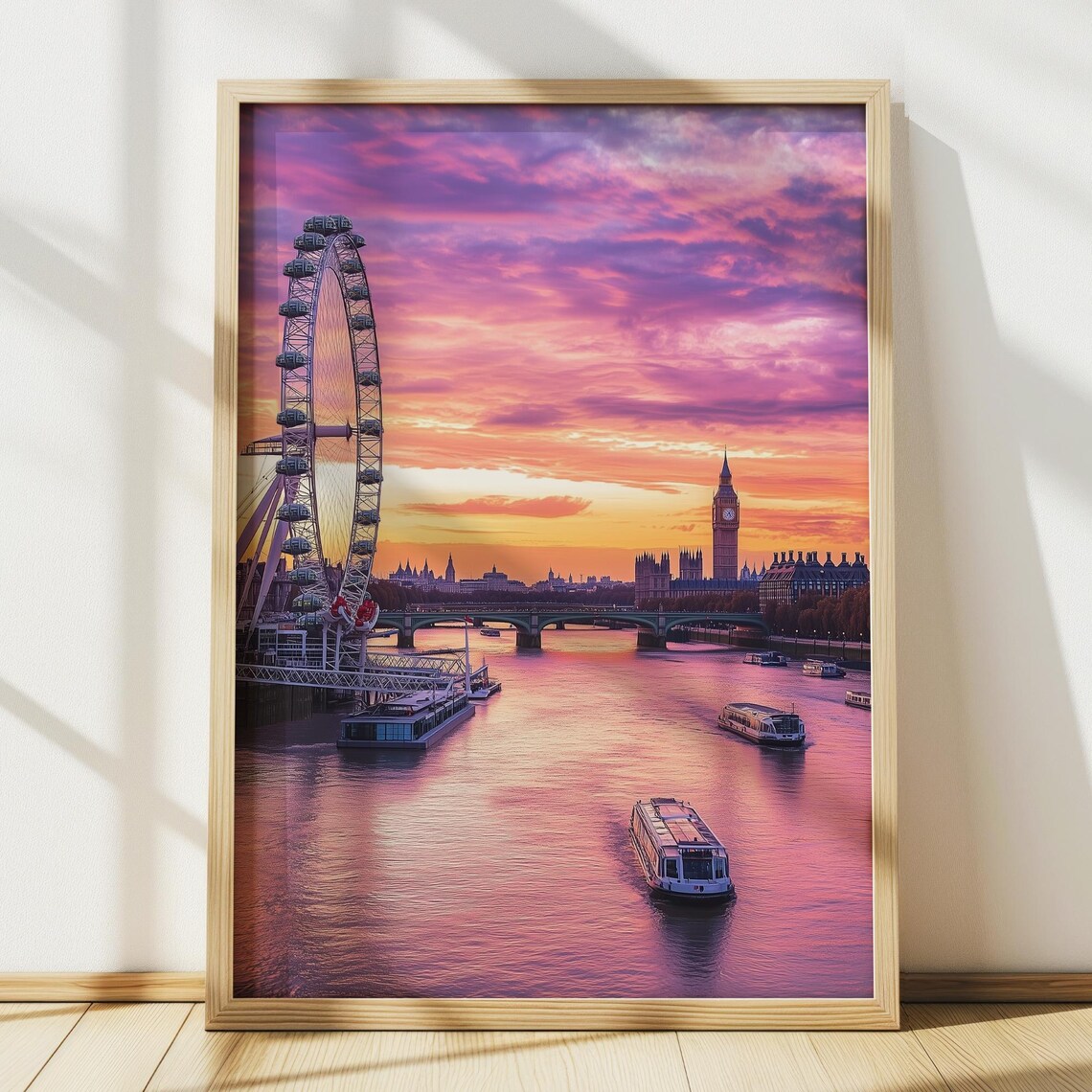 London Eye Sunset Over River Thames With Big Ben Skyline Travel Poster