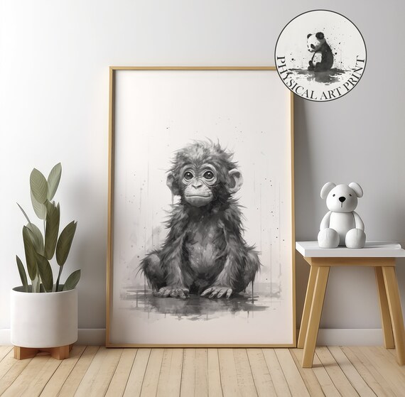 Chimpanzee In Rain Physical Print Cute Illustration Nursery Wall Decor Infant Nursary Art Ink Drawing