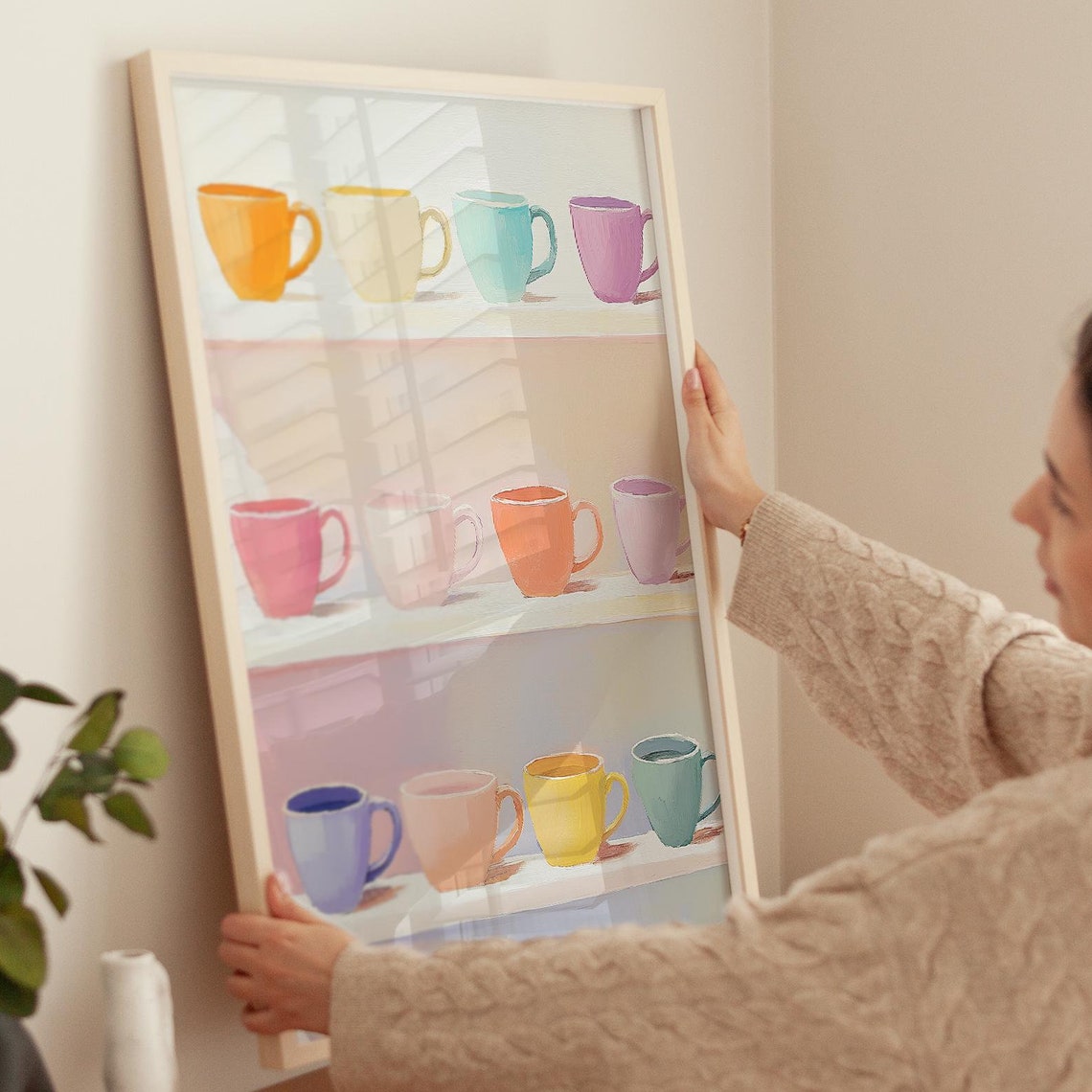 Colorful Rainbow Coffee Mugs On White Shelves Kitchen Art Poster - Image 3