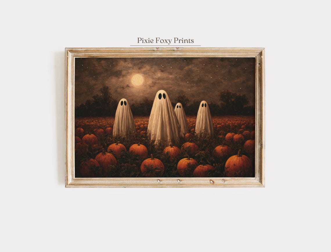 Halloween Wall Art Spooky Ghosts In Pumpkin Patch Print Full Moon Autumn Night Painting Rustic Fall Seasonal Home Decor