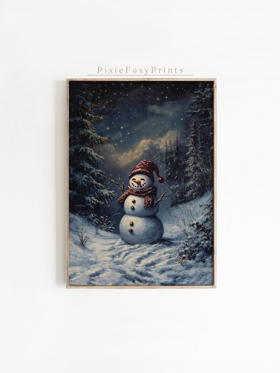 Smiling Snowman Under Starry Night Sky Snowy Forest Art Print