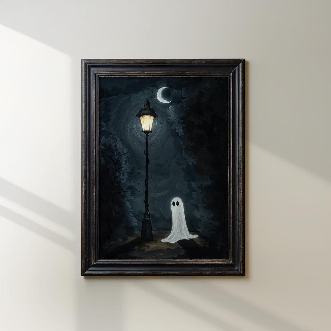 Spooky Art Print Whimsical Haunted Scene With Streetlight And Moon Halloween Wall Decor For Gothic Home