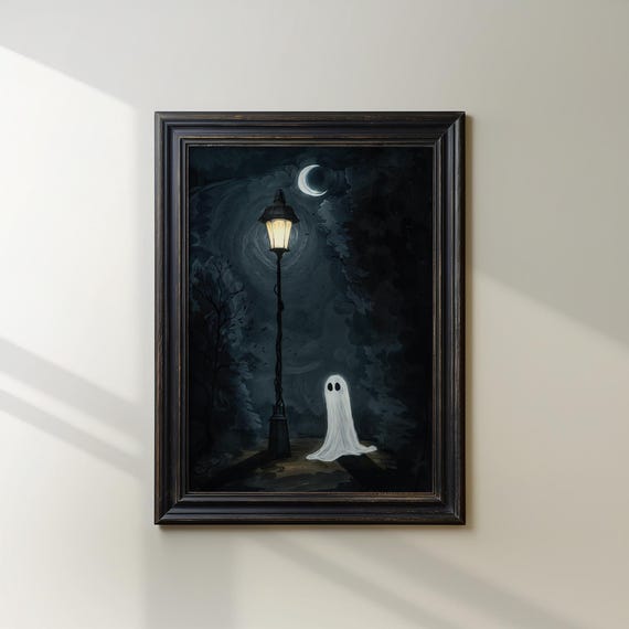 Spooky Art Print Whimsical Haunted Scene With Streetlight And Moon Halloween Wall Decor For Gothic Home