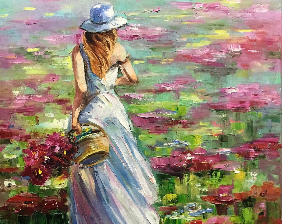 Women With Flower Basket Painting Original Summer Wall Decor Girl Birthday Gift Floral Meadow Art Colorful Flowers Field Painting On