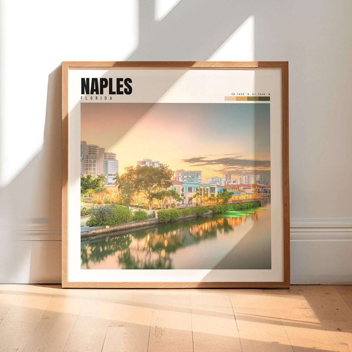 Naples Florida Sunset Waterfront City Skyline Canal View Travel Poster