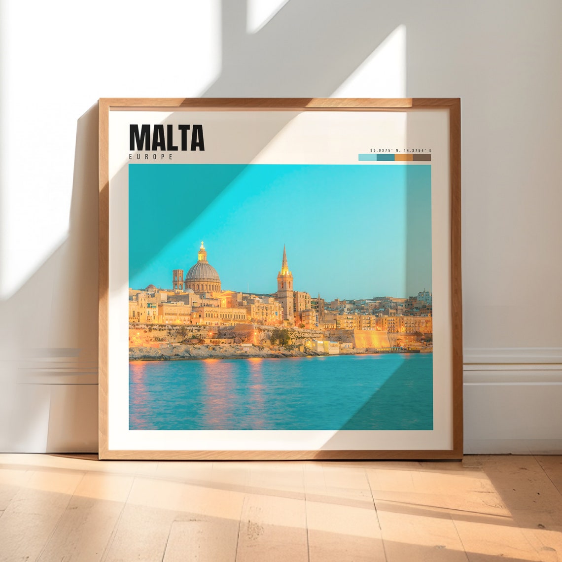 Malta Poster with Valletta Skyline and Grand Harbour at Blue Hour