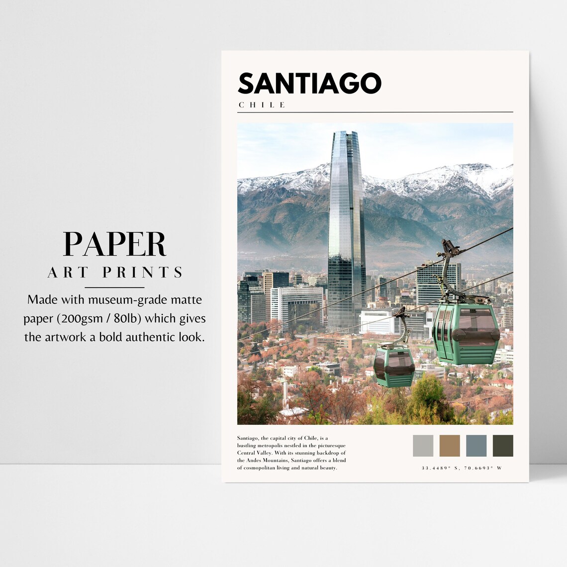 Santiago Chile Cable Cars Snow Capped Andes Skyline View Travel Poster - Image 3