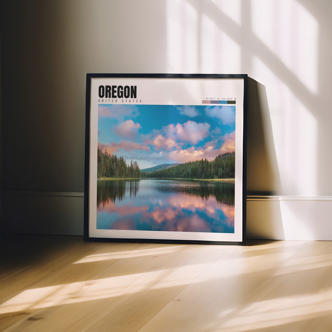 Oregon Poster with Mirror Lake Reflection and Pine Forest Sunset - Image 3