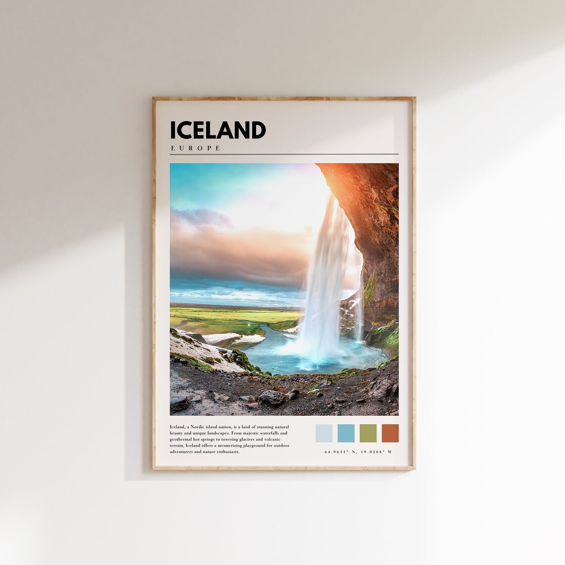 Iceland Waterfall Travel Poster, Europe Wall Art