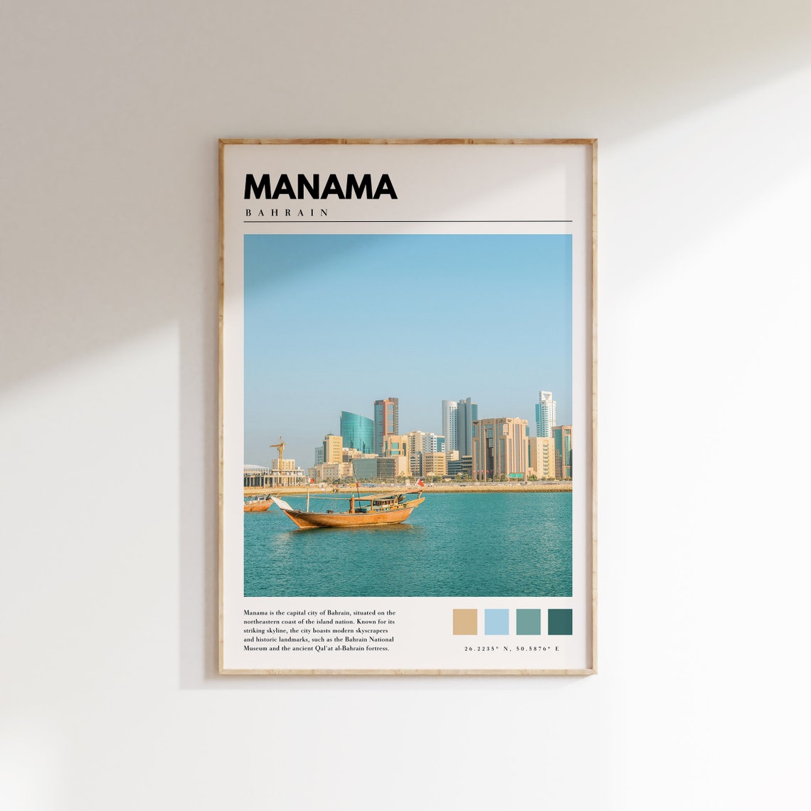 Manama Bahrain Harbor Skyline Dhow Boat Waterfront City Poster