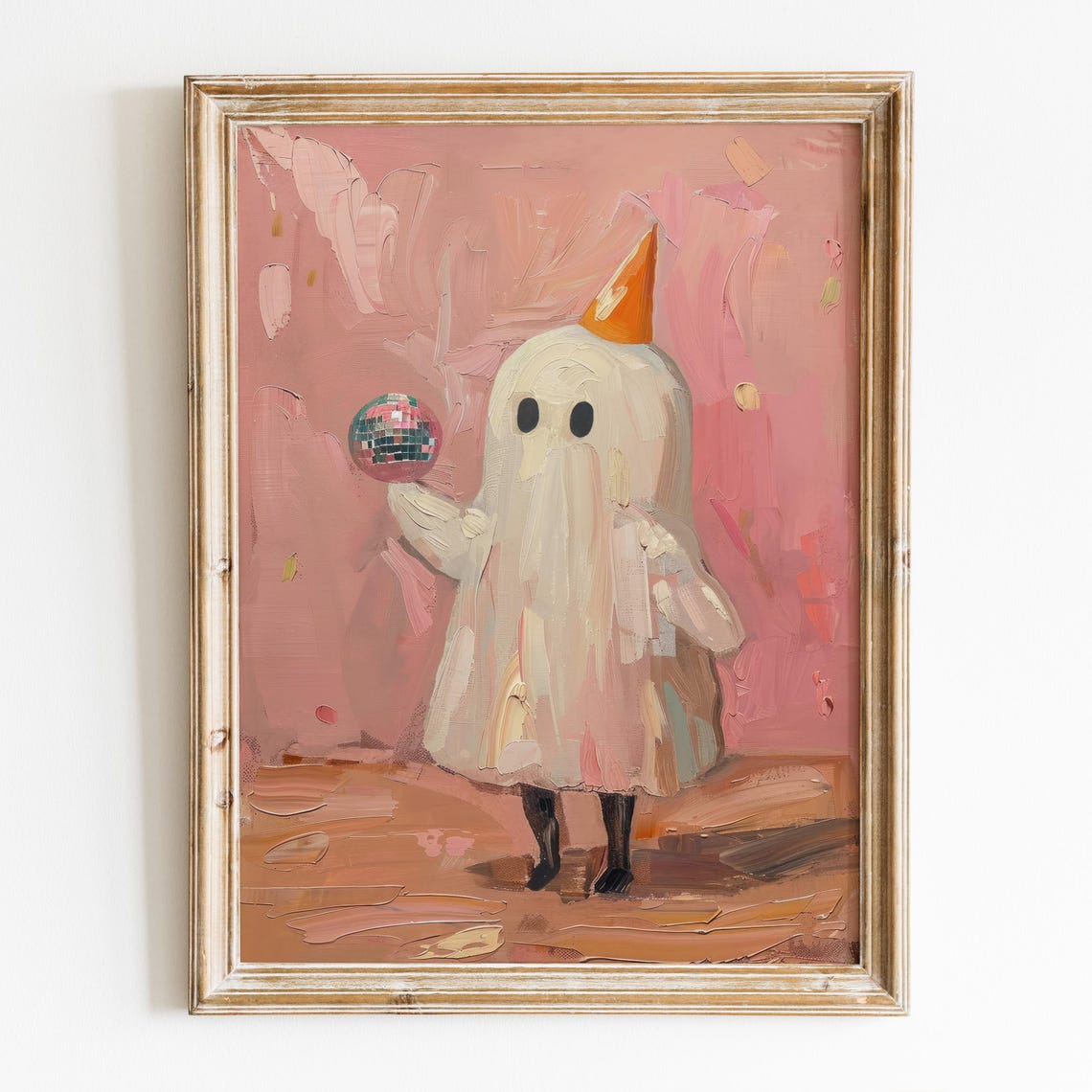 Cute Ghost With Mirrorball Halloween Wall Art Preppy Halloween Decor Ghost And Disco Ball Poster Girly Pink