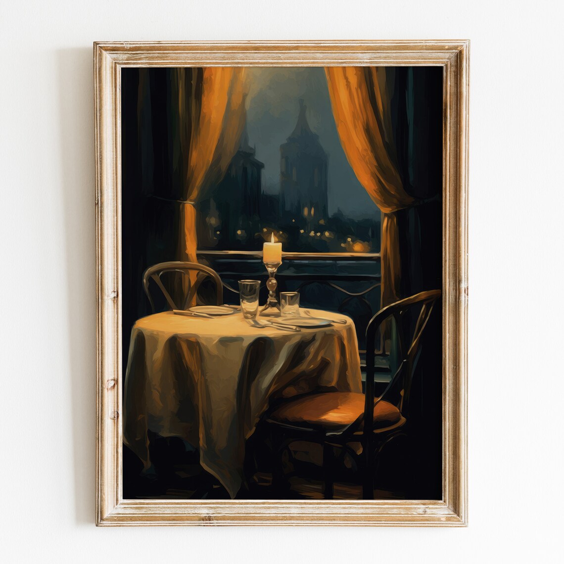 Romantic Candlelit Dinner Table Night City Window Vintage Oil Print