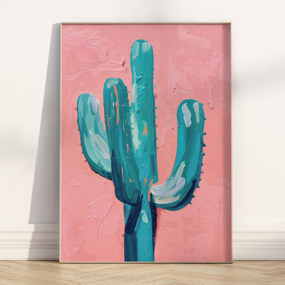 Teal Saguaro Cactus Pink Desert Background Oil Painting Poster - Image 7