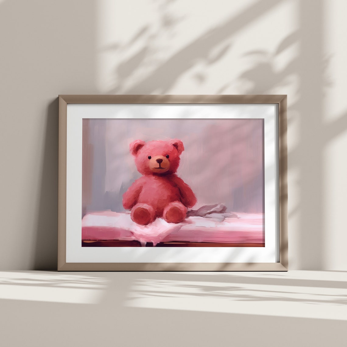Soft Pink Teddy Bear Plush Oil Painting Nursery Wall Art Print - Image 5