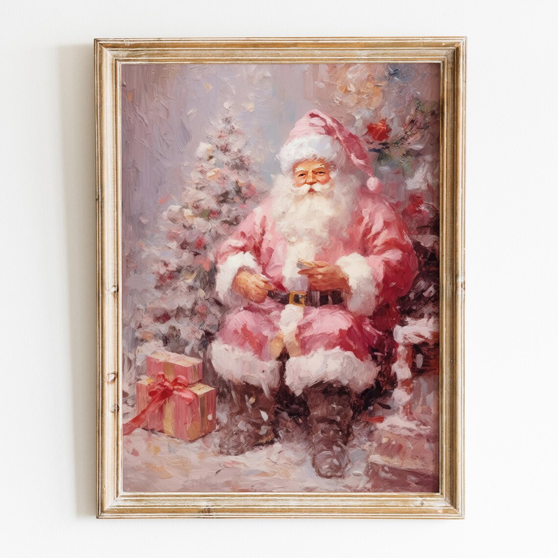 Pink Santa Claus Christmas Wall Art, Preppy Print