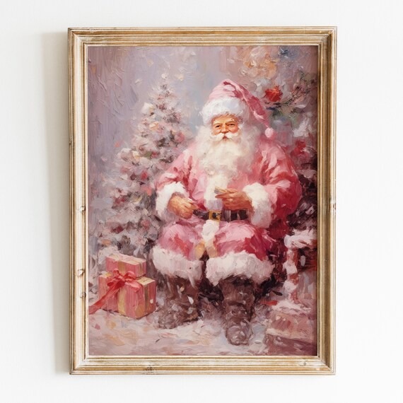 Pink Santa Claus Christmas Wall Art, Preppy Print