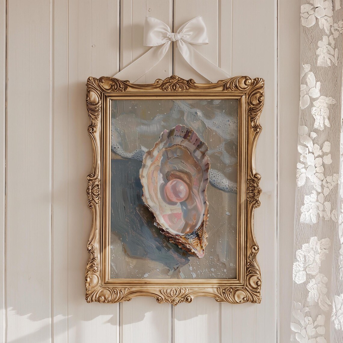 Pink Pearl in Oyster Art Print, Coastal Decor
