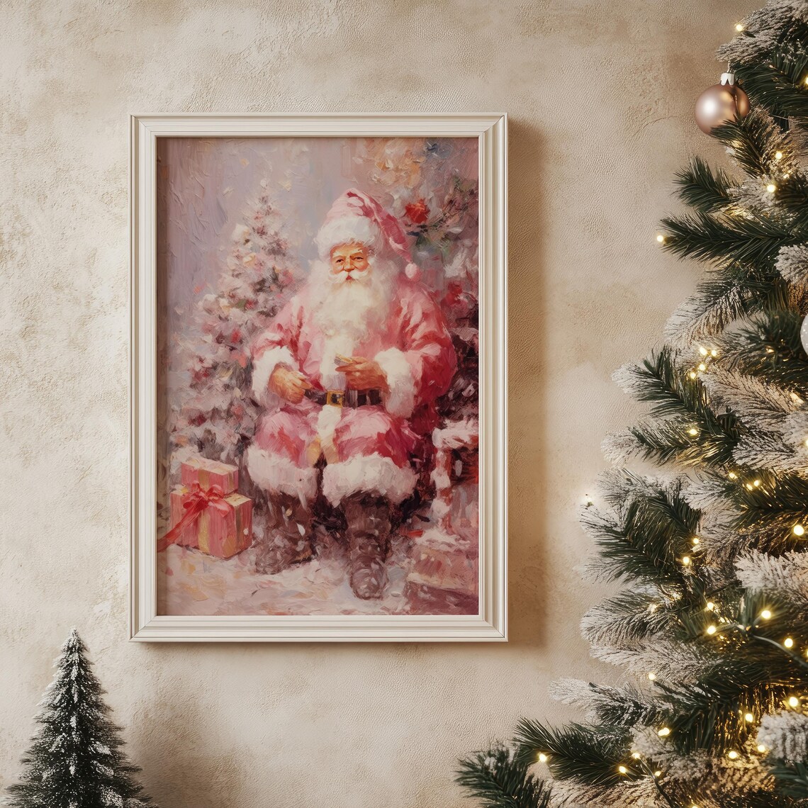 Pink Santa Claus Christmas Wall Art, Preppy Print - Image 5