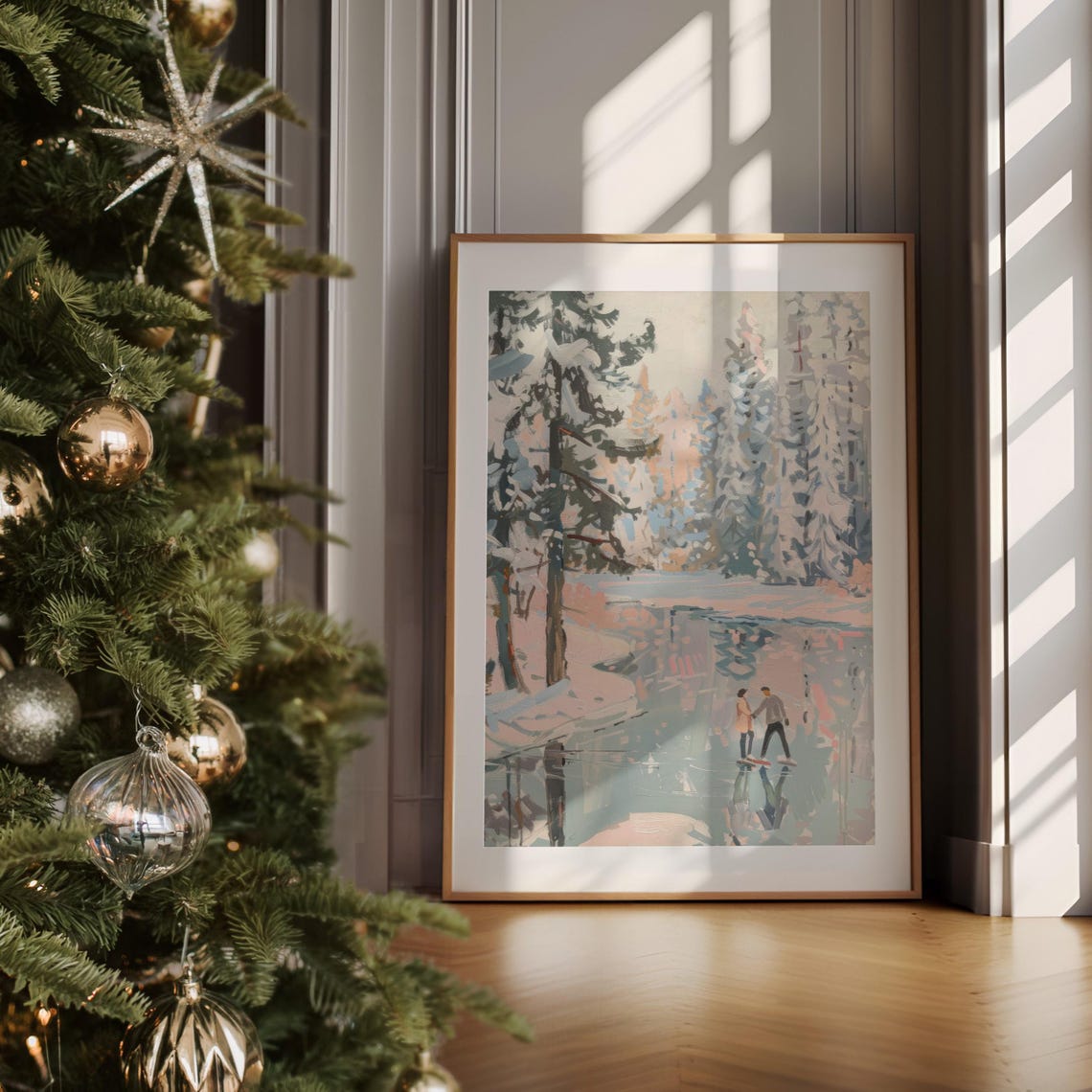 Couple Ice Skating Frozen Lake Snowy Forest Winter Art Poster