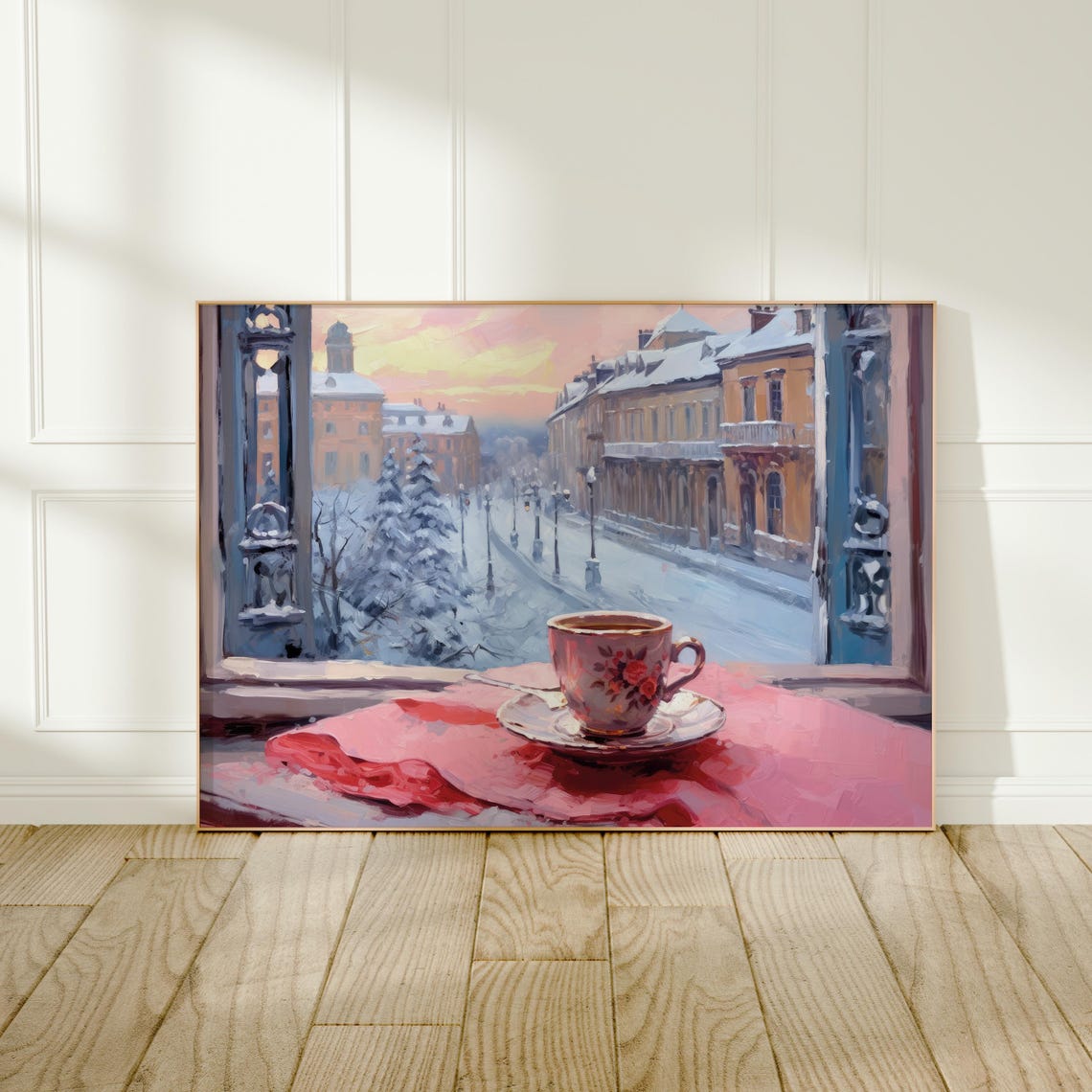 Cozy Coffee Cup Pink Windowsill Snowy Street Winter Morning Poster - Image 4