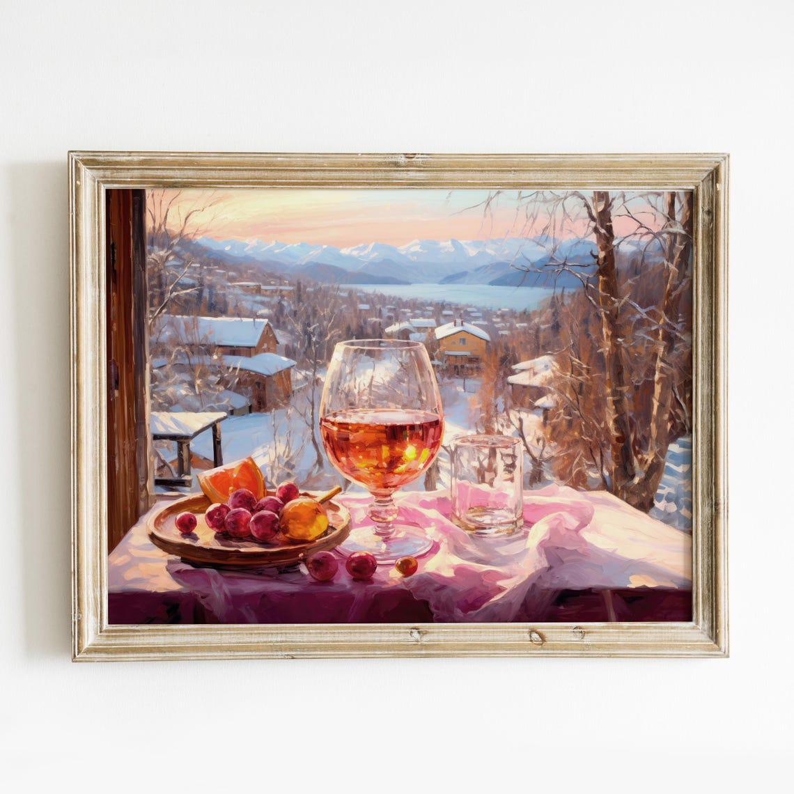 Mulled Wine Glass Over Alpine Lake Village Sunset Art Poster - Image 6