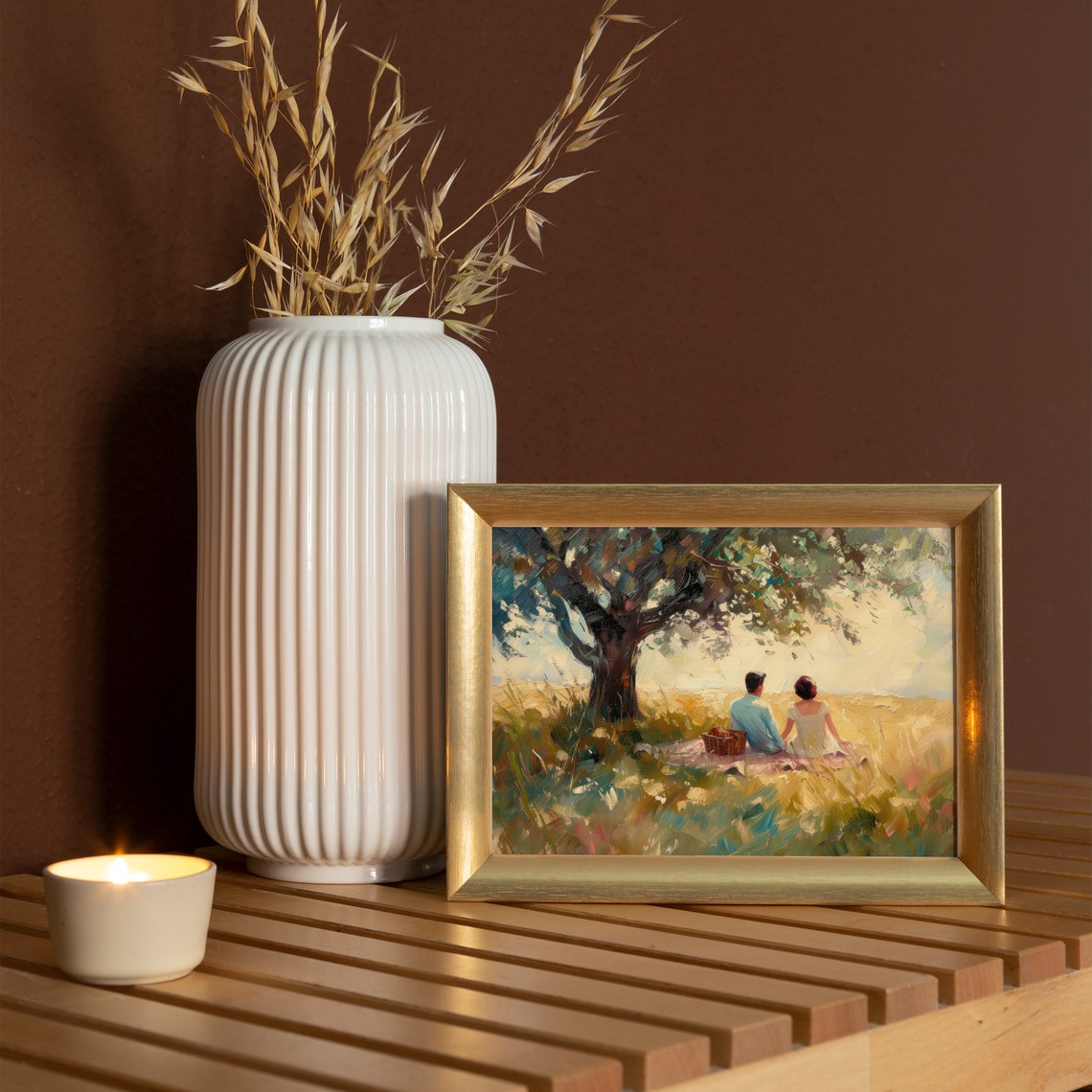 Romantic Couple Picnic Meadow Tree Impressionist Painting Print - Image 4