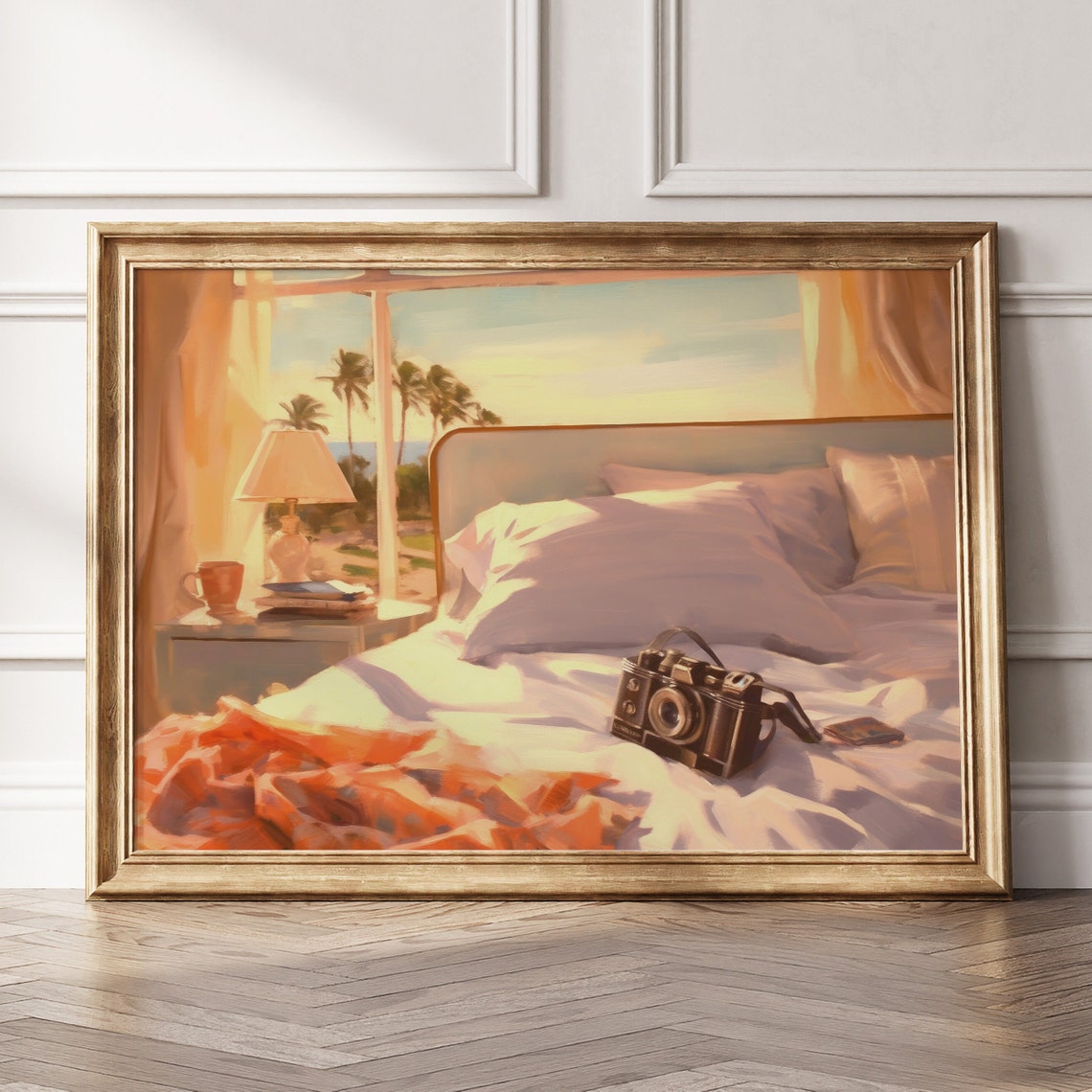 Sunny Bedroom Camera on Bed Palm Ocean View Vacation Wall Art Print - Image 5