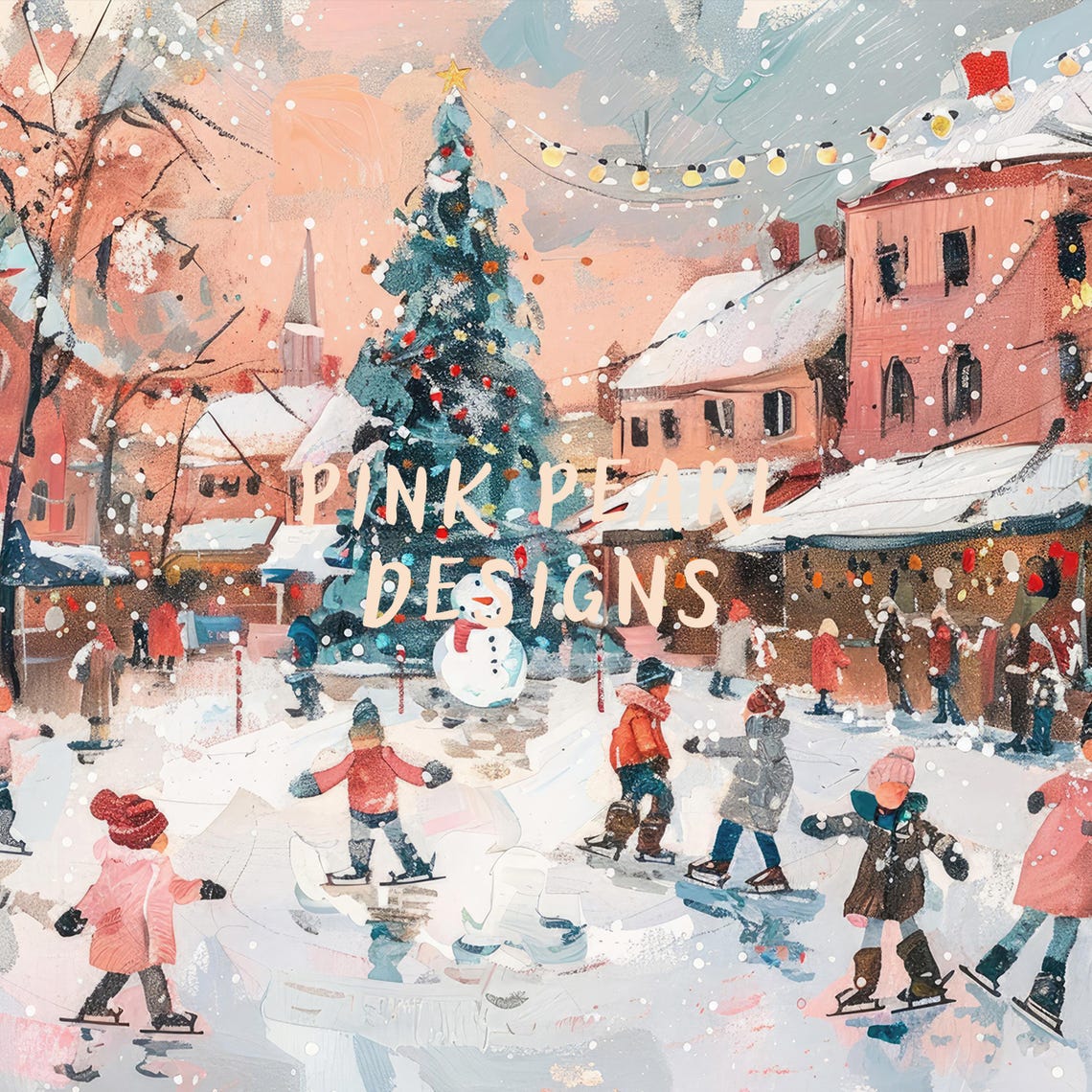 Children Ice Skating Town Square Christmas Tree Holiday Poster - Image 2