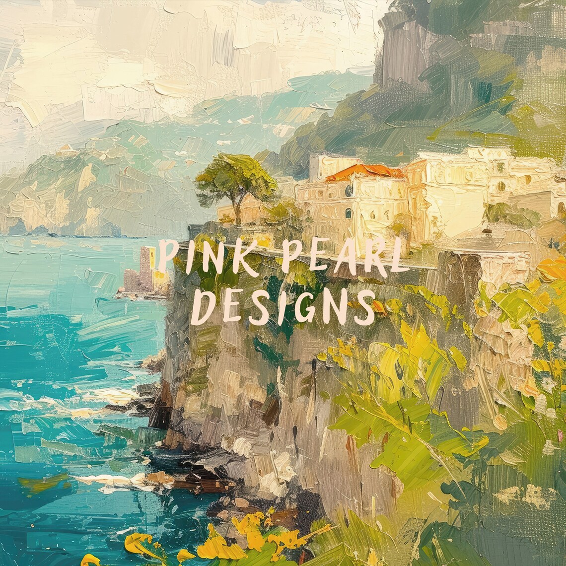 Amalfi Coast Italy Cliffside Village Turquoise Sea Oil Painting Poster - Image 8