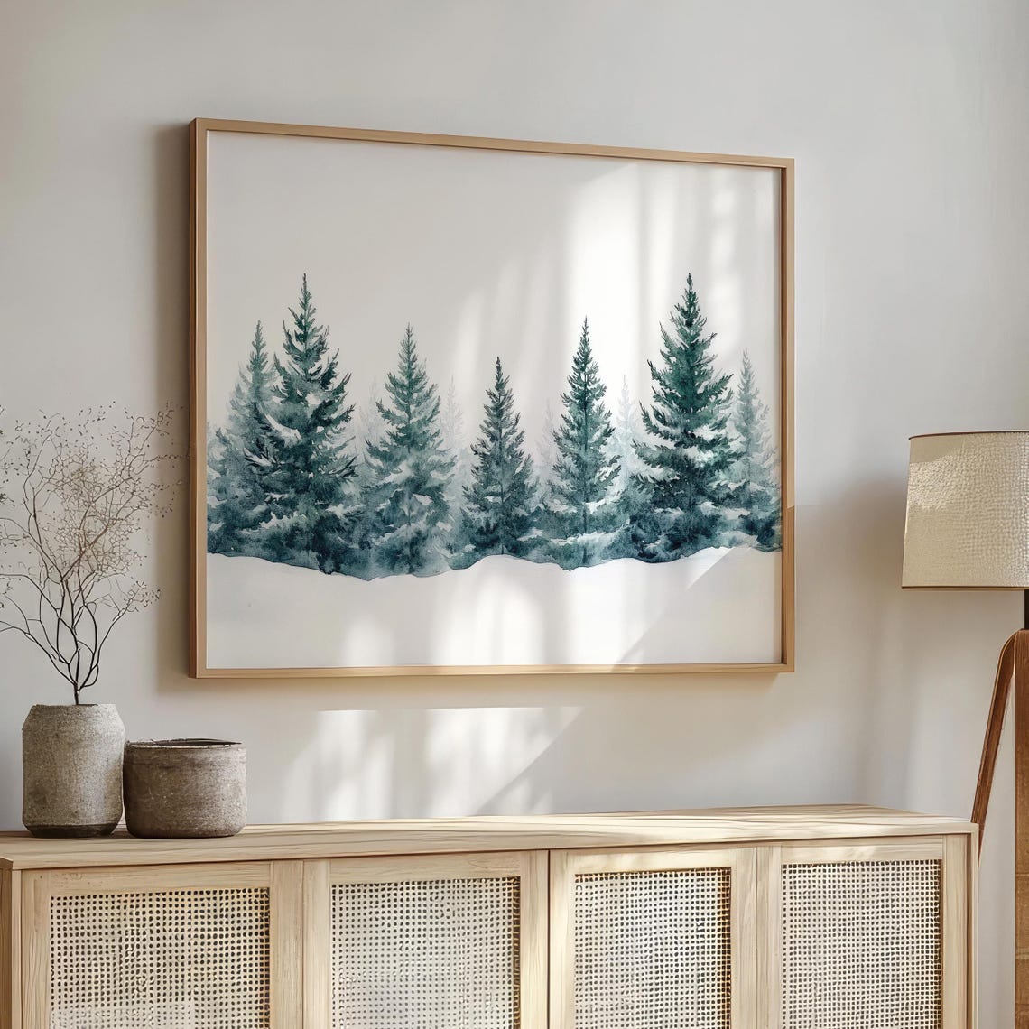 Winter Pine Trees Watercolor Snowy Forest Landscape Art Poster