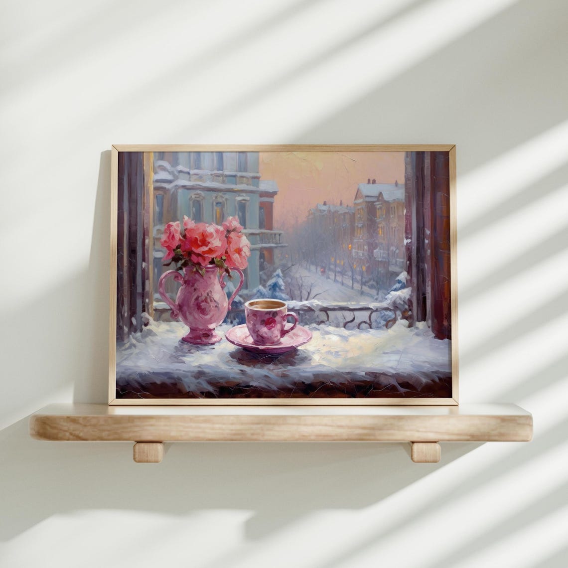 Pink Roses And Tea Cup Snowy Window View Winter Wall Art Poster - Image 5